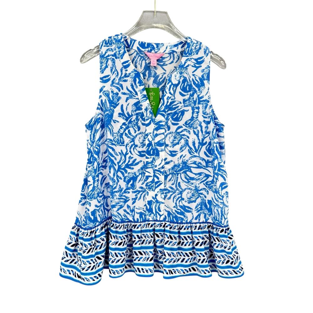 Lilly Pulitzer NWT Gramercy Resort White Blue Print Sleeveless Top Peplum Tank - Picture 7 of 11